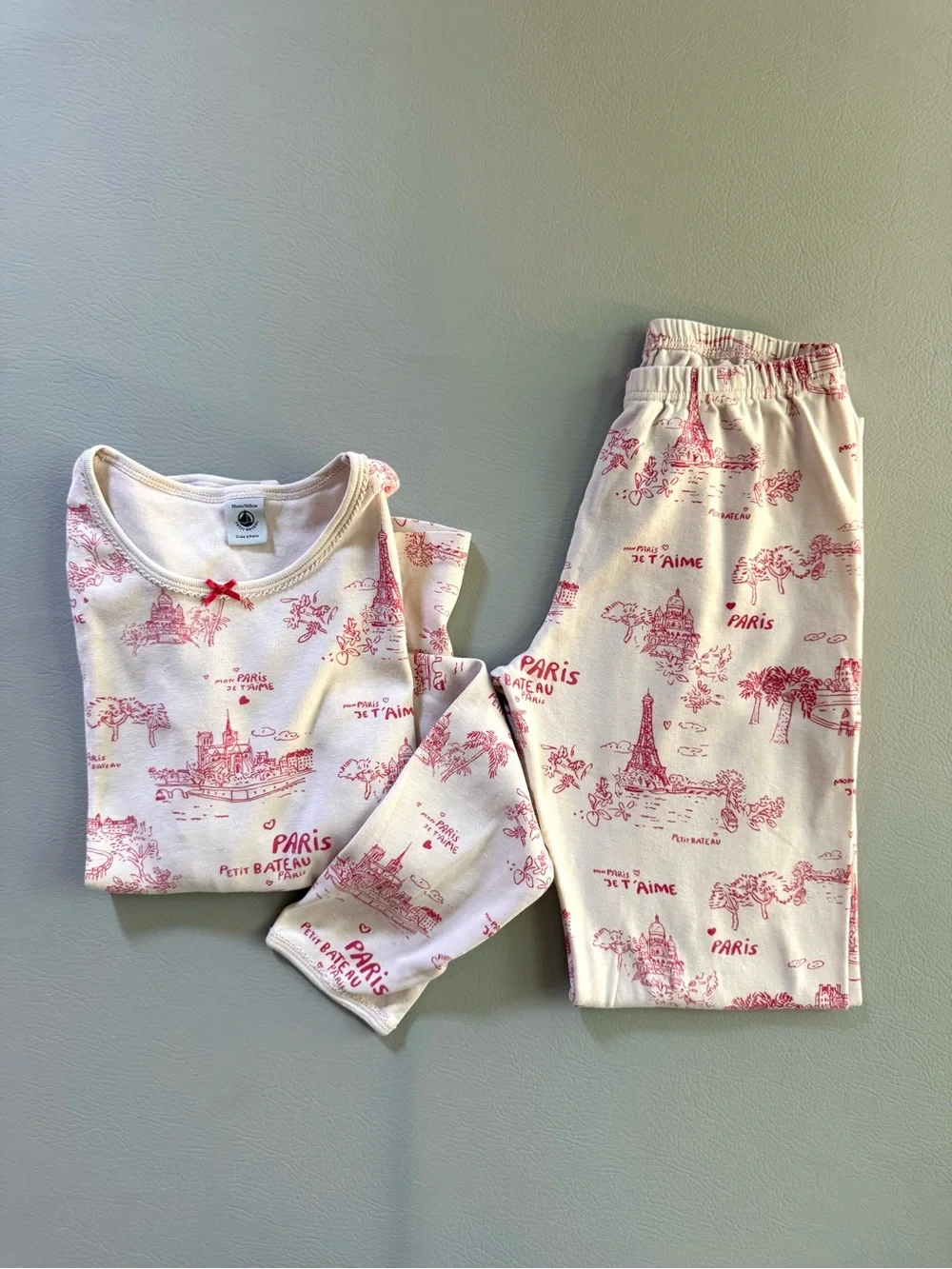 Petit Bateau Paris Eiffel Tower Pink Pointelle Pajamas Set size 10 Girls